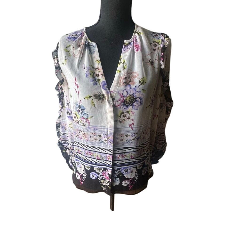 White House Black Market Floral Sheer Blouse XS Ruffle Trim Feminine Chic